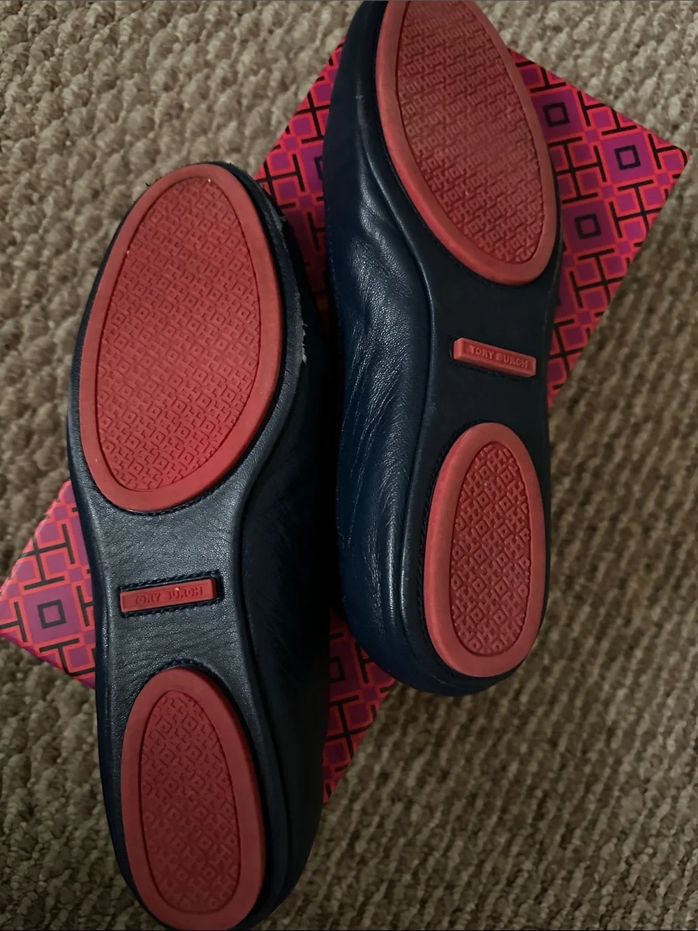 Tory Burch Navy Flats with Red Logo Medallions